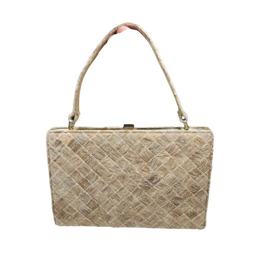 Vintage 60s Woven Basketweave Frame Top Handle Bag Tan Cottagecore MCM Heritage